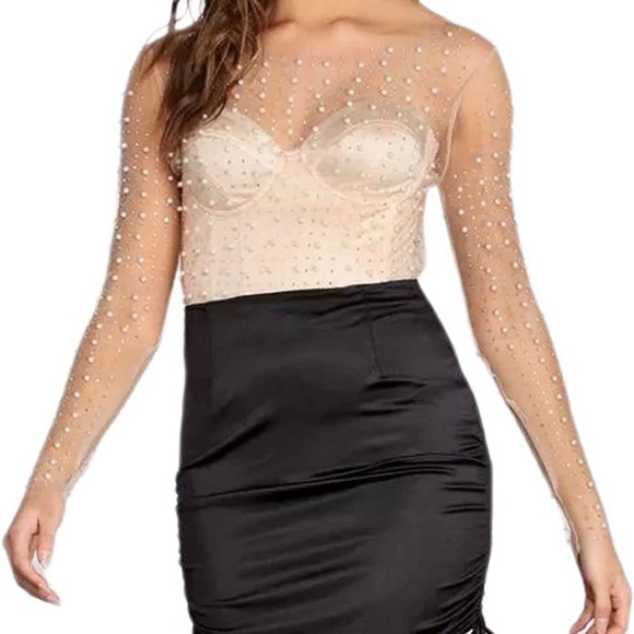 Pearl Rhinestone Sheer Bodysuit Long Sleeve Mesh Top Blouse Crop Top Clubwear M - Picture 2 of 12